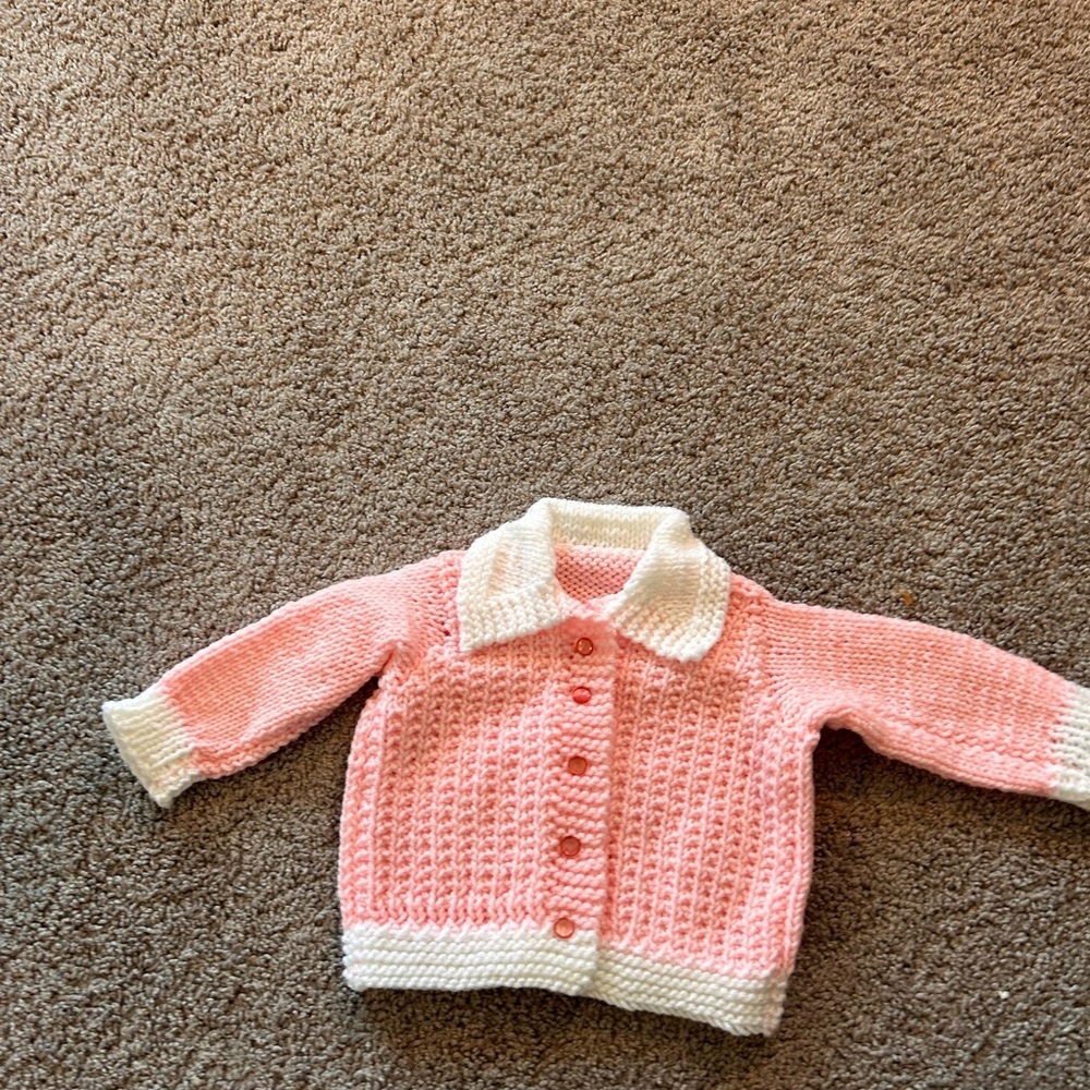 Hand Made Baby Girl Knitted Pink White Sweater Buttons (Handmade)

Size 6 Months